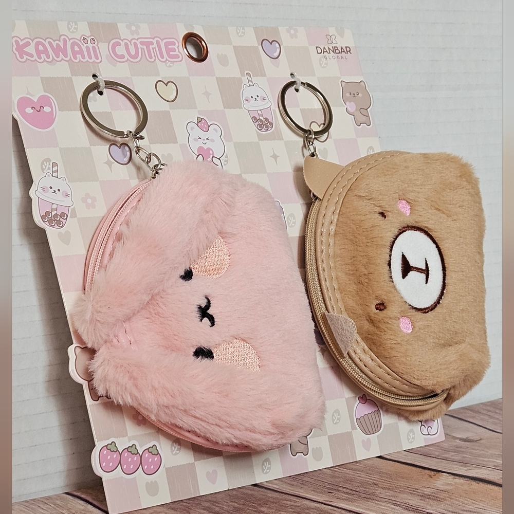 Kawaii Cutie Pink and Brown Plush Keychain Set NIP - Picture 8 of 10